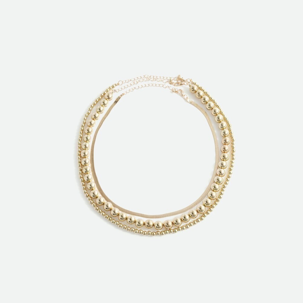 3 Piece Gold Beaded Layered Herringbone Chain Necklace with Lobster Clasp